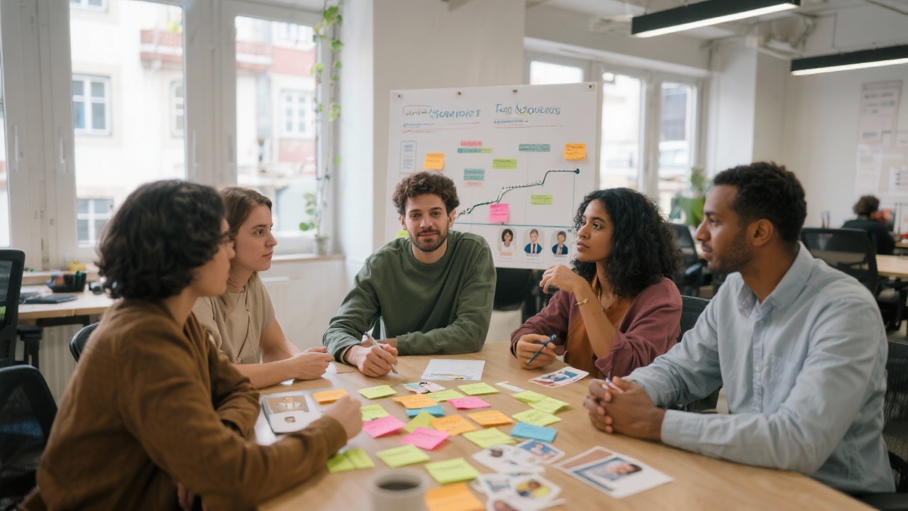 Small multicultural advisory team brainstorming student journey scenarios using sticky notes, timeline charts, and persona cards inside collaborative Lisbon coworking studio.