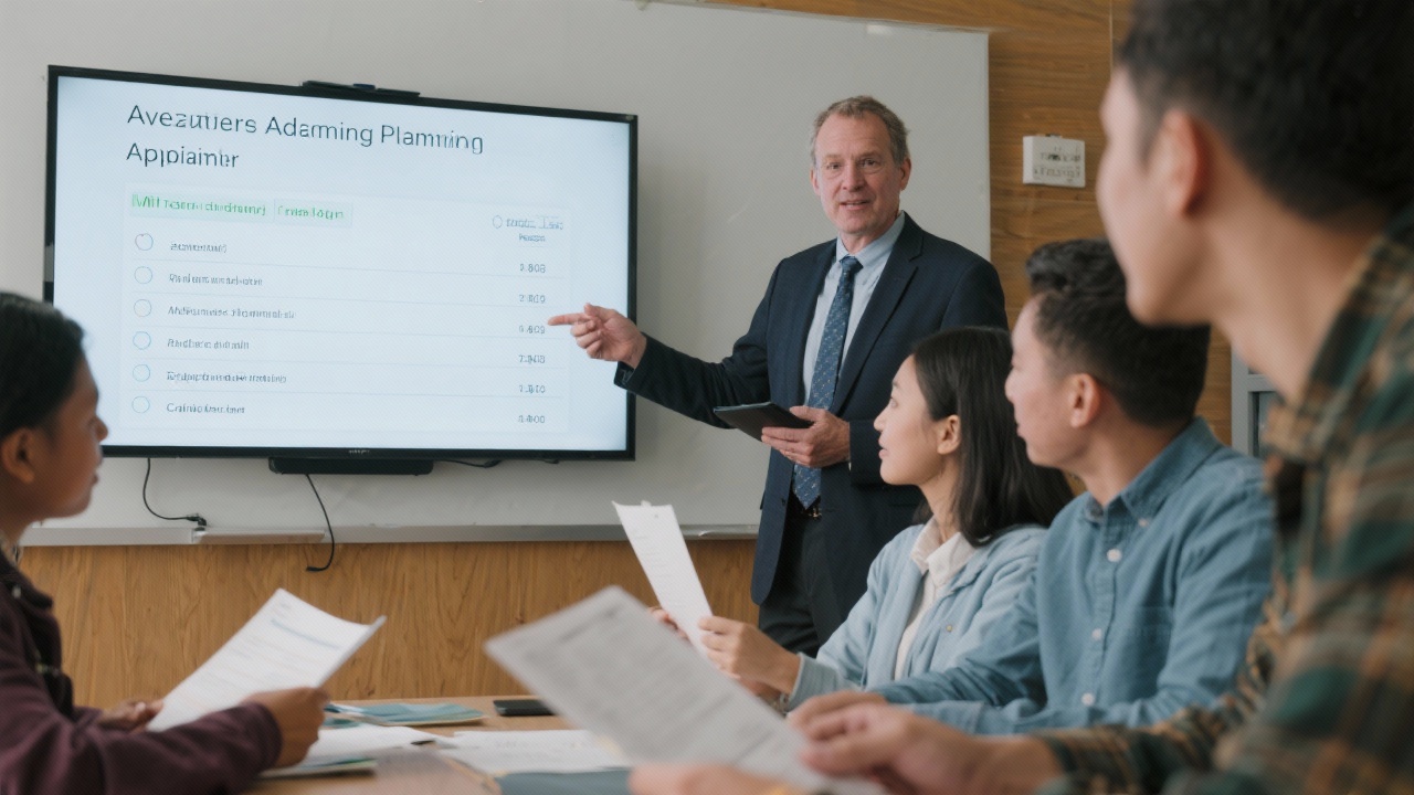 Experienced advisor presenting application checklist on digital whiteboard while family of prospective student reviews documents and deadlines during focused admissions planning session.