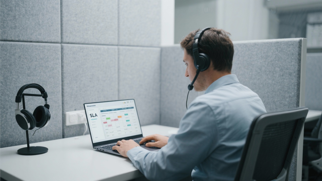 Operations coordinator scheduling consultation calls on laptop while referencing SLA dashboard and headphone stand inside dedicated client support workspace with soft grey acoustic panels.
