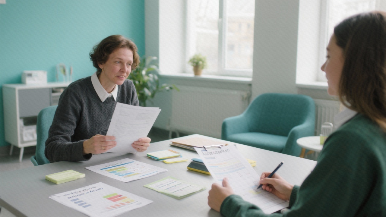 Student advisory meeting with mentor providing reflective worksheets, skill-gap analysis, and motivation tracking tools in calm consultation room with teal accents and natural daylight.
