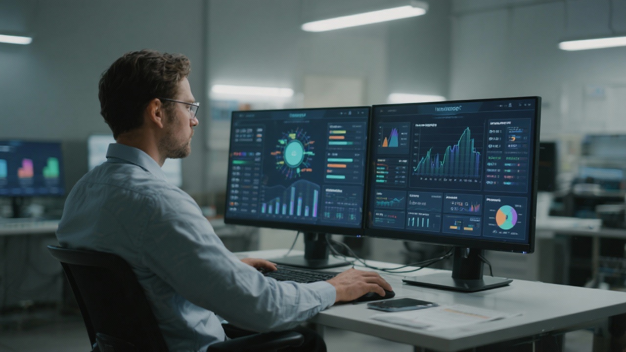 Research analyst examining predictive analytics dashboards on dual monitors while evaluating machine learning variables for academic success modelling in softly lit innovation lab.
