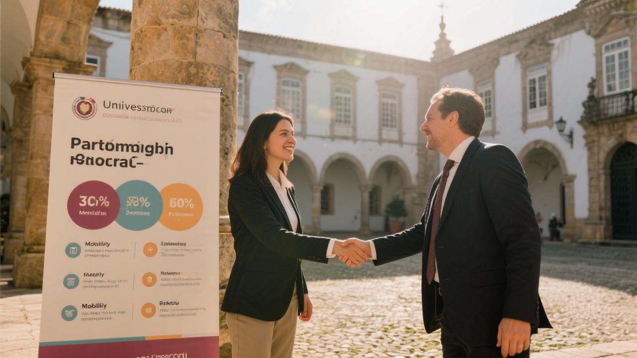 University campus representative shaking hands with consultant beside banner featuring partnership statistics and mobility programs inside historic Portuguese courtyard bathed in late afternoon light.